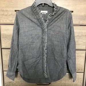 Grey denim button down shirt with ruffle detail